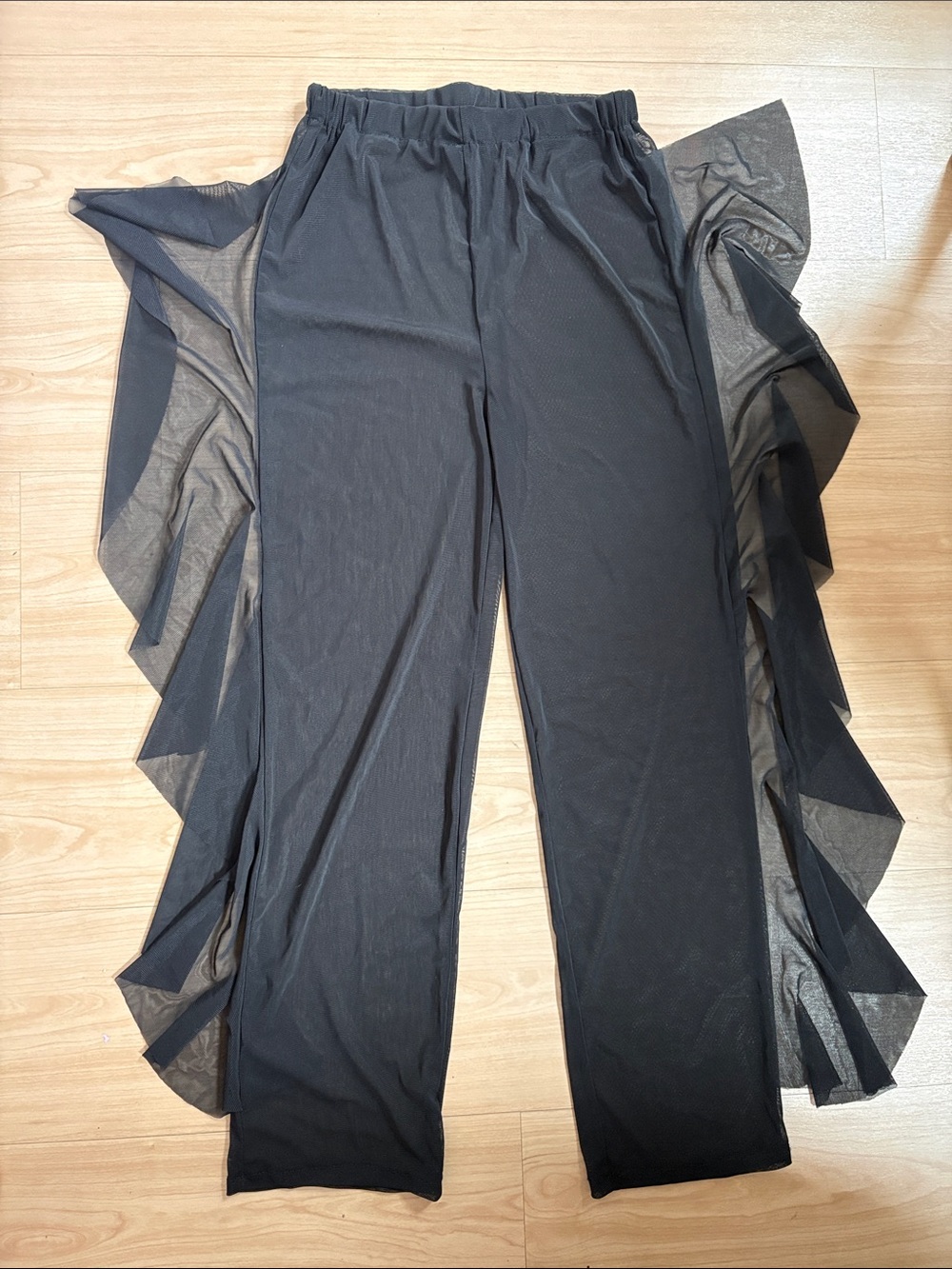 See through Black Ruffle Side Wide-Leg Pants